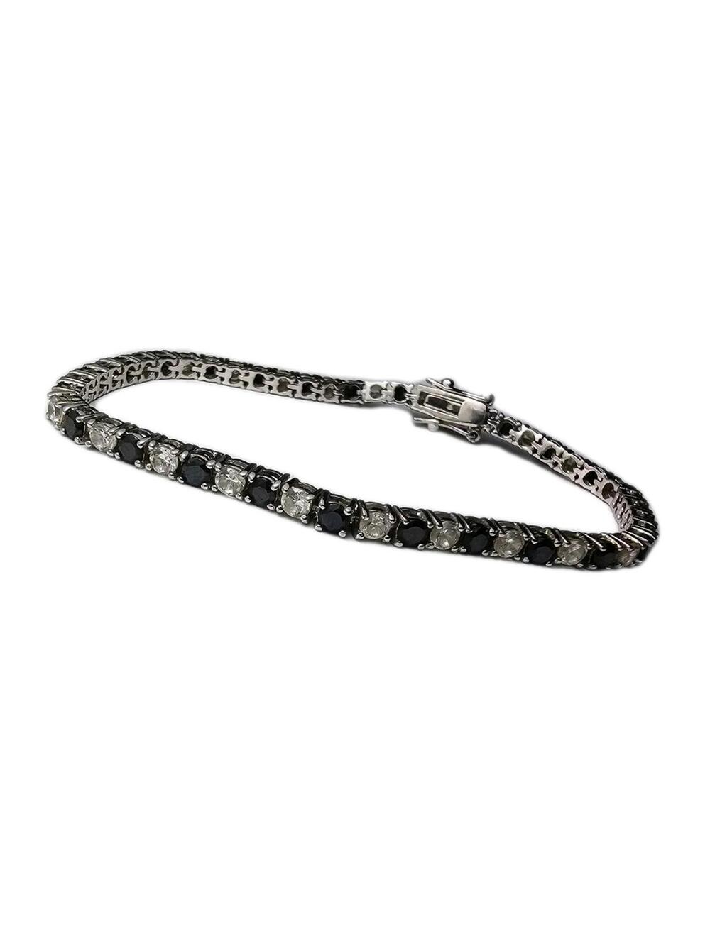 10k White Gold White Black Diamond Tennis Bracelet Signed Bar Clasp Double Lock